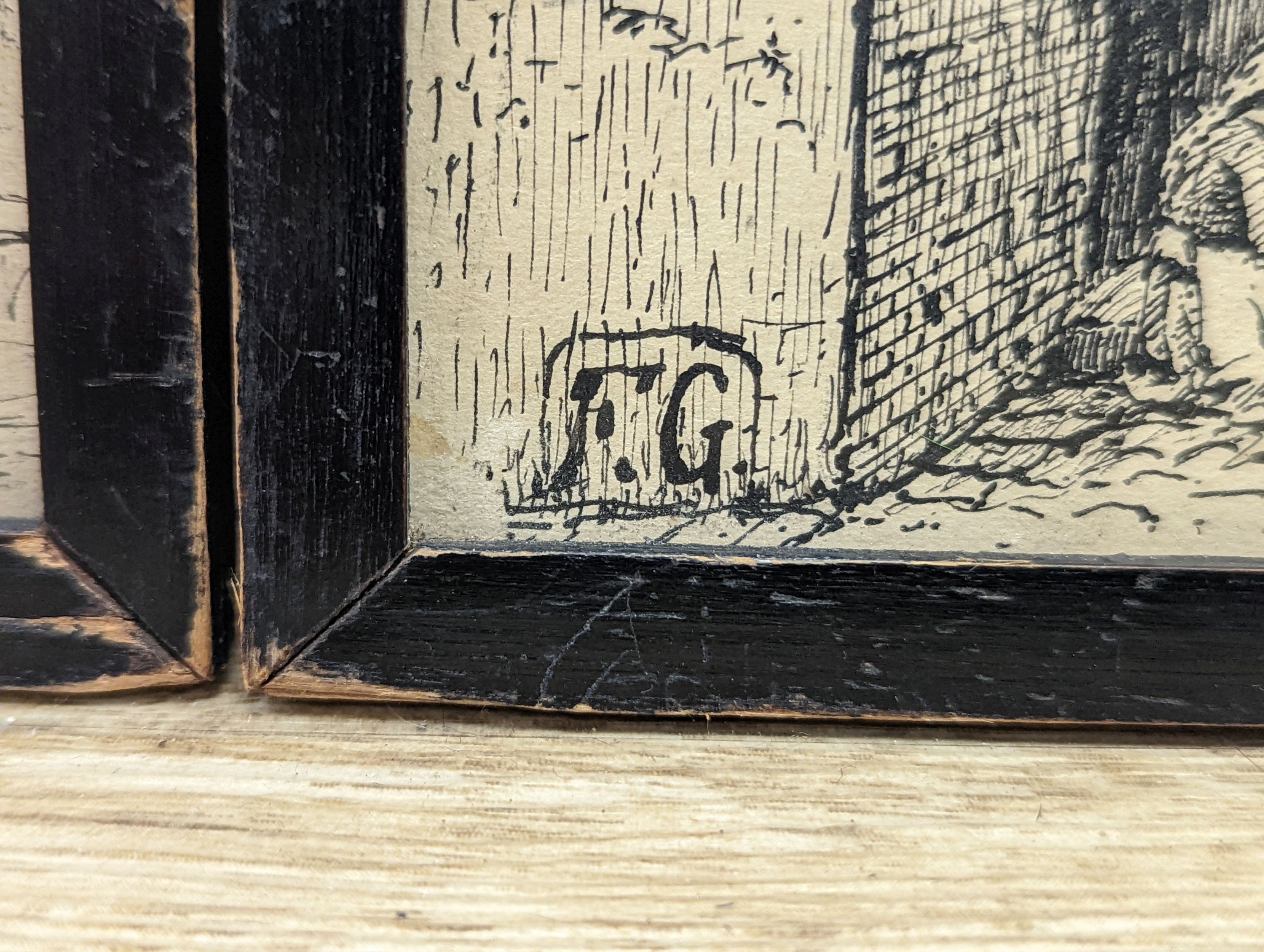 F.G, late 19th century pair of pen and ink north European views, both initialled and one dated, 20 x 24.5cm, 18.5 x 24cm